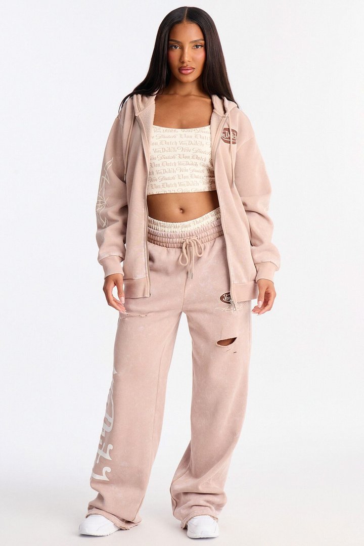 Von Dutch Washed Zip Up Sweatshirt - Taupe