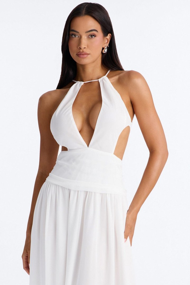 Zoe Drop Waist Chiffon Maxi Dress - White