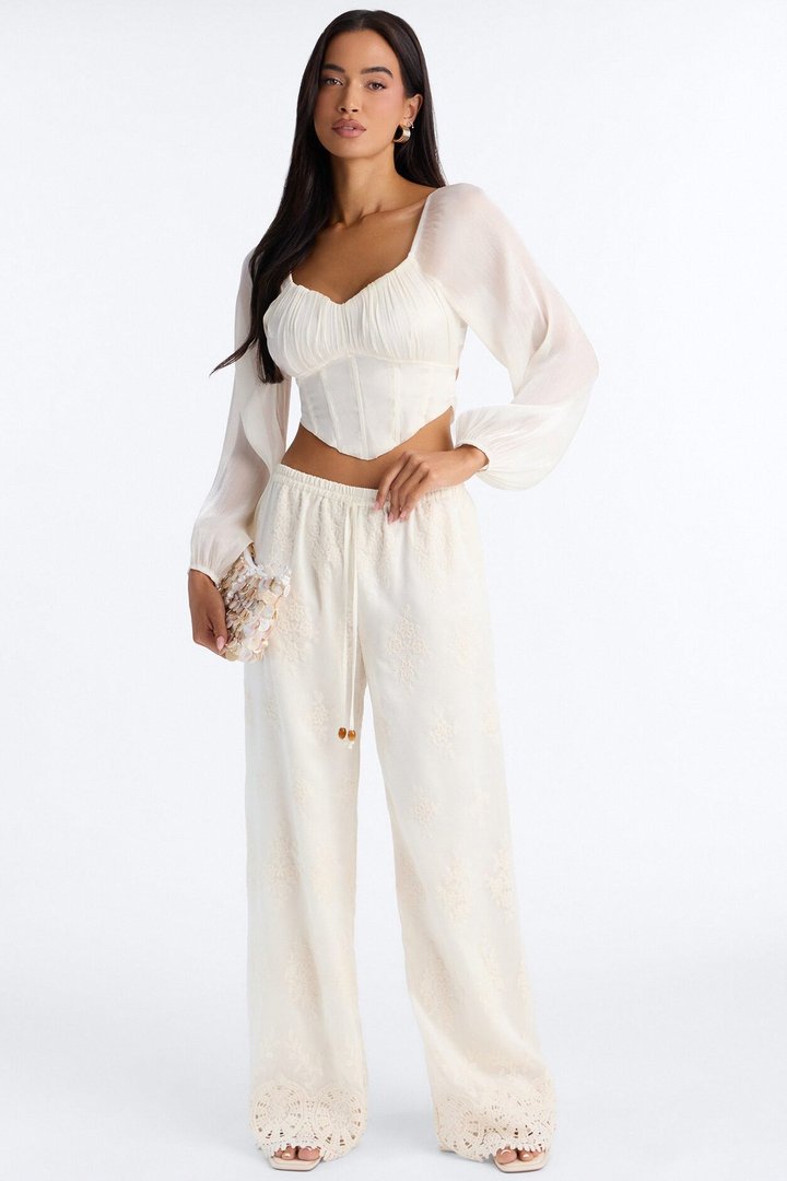 Adriane Embroidered Drawstring Wide Leg Pant - Ivory