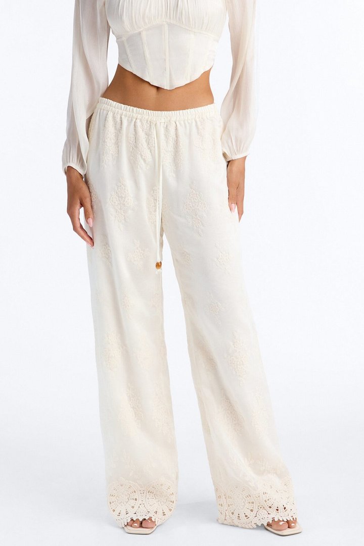 Adriane Embroidered Drawstring Wide Leg Pant - Ivory
