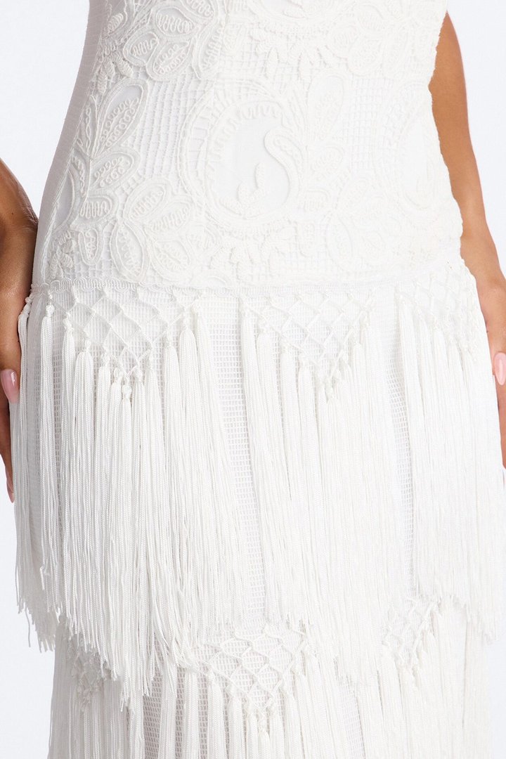 Elsa Fringe Lace Maxi Dress - White