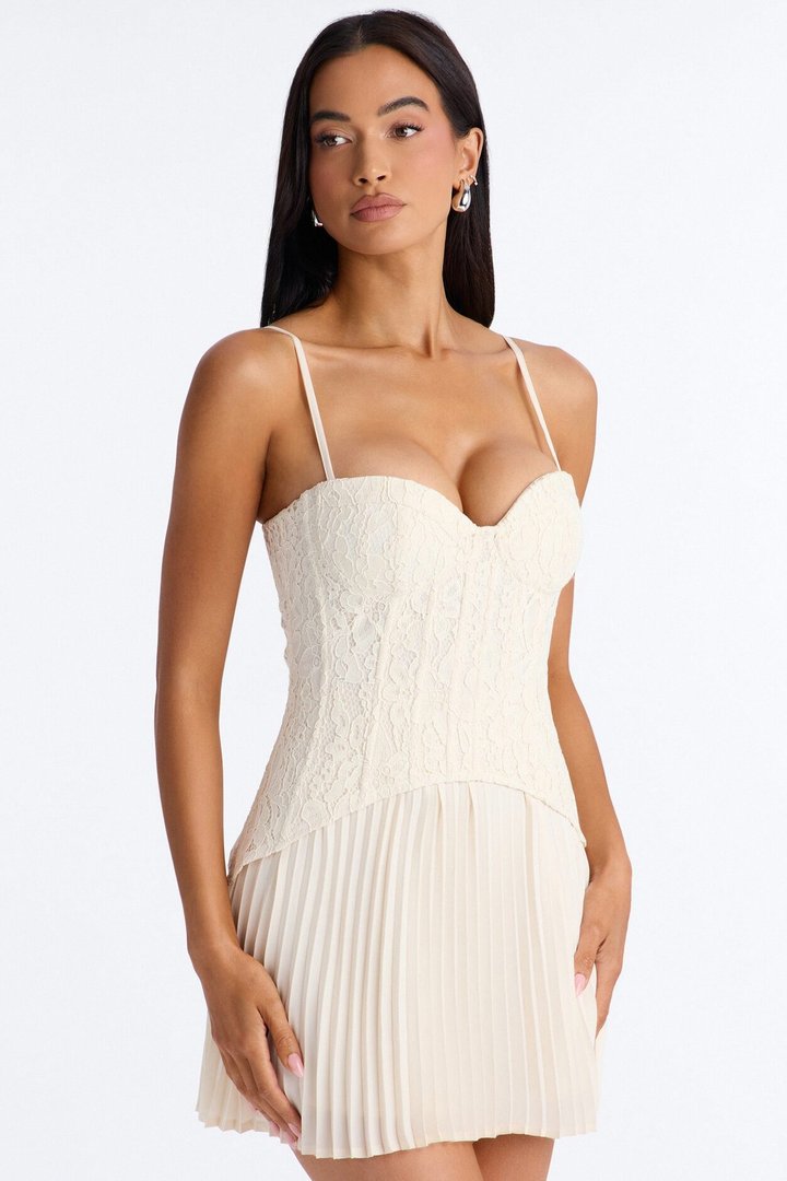 Daniella Lace Corset Pleated Mini Dress - Cream