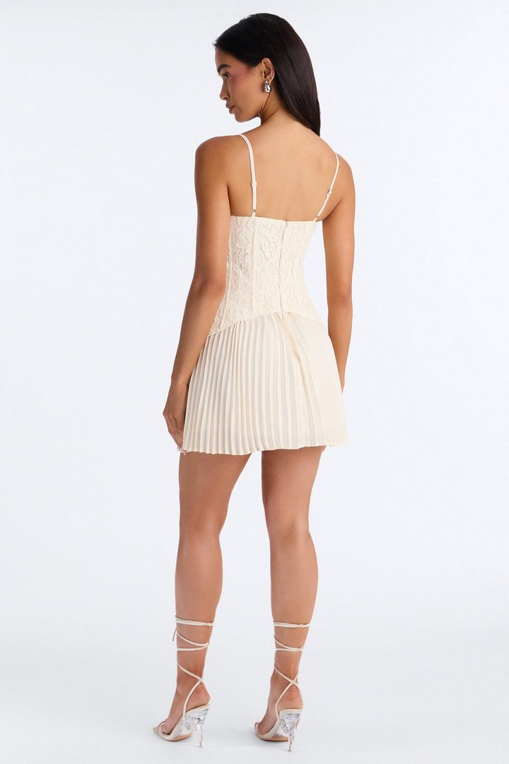 Daniella Lace Corset Pleated Mini Dress - Cream