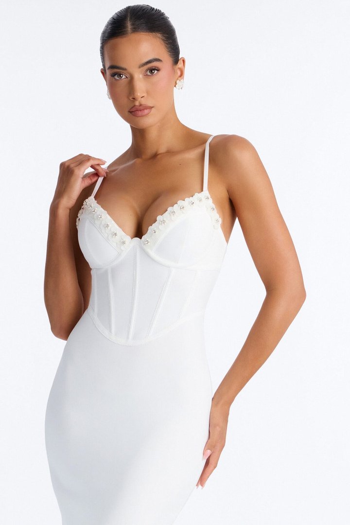 Jasmine Corset Embellished Bandage Midi Dress - White