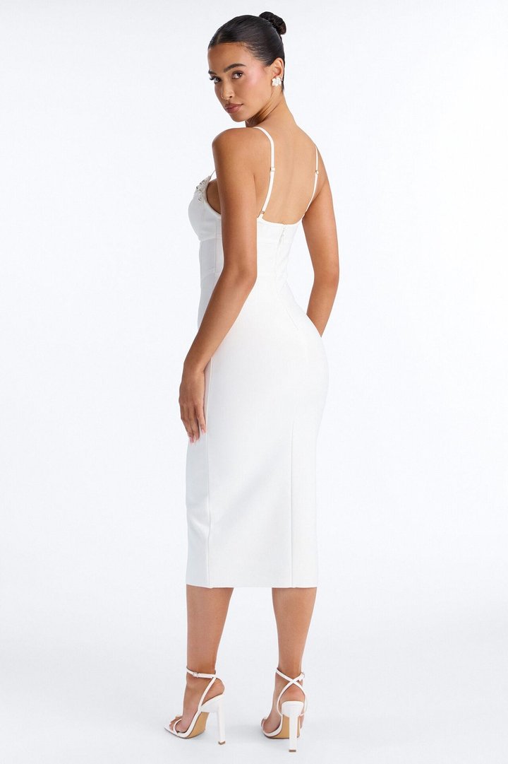 Jasmine Corset Embellished Bandage Midi Dress - White