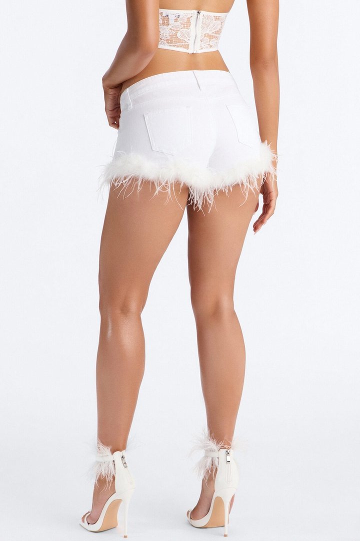 Nessa Twill Low Rise Feather Trim Micro Short - White