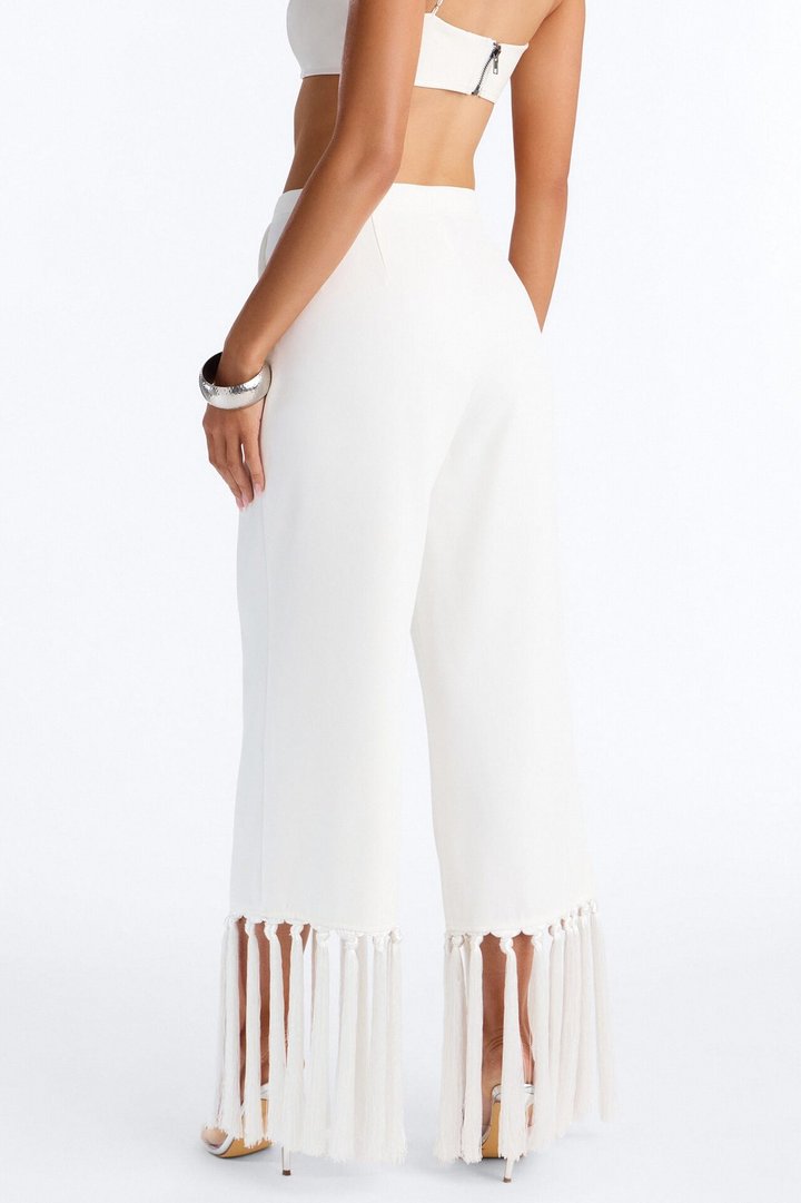 Samantha High Rise Wide Leg Tassel Fringe Trouser - Ivory