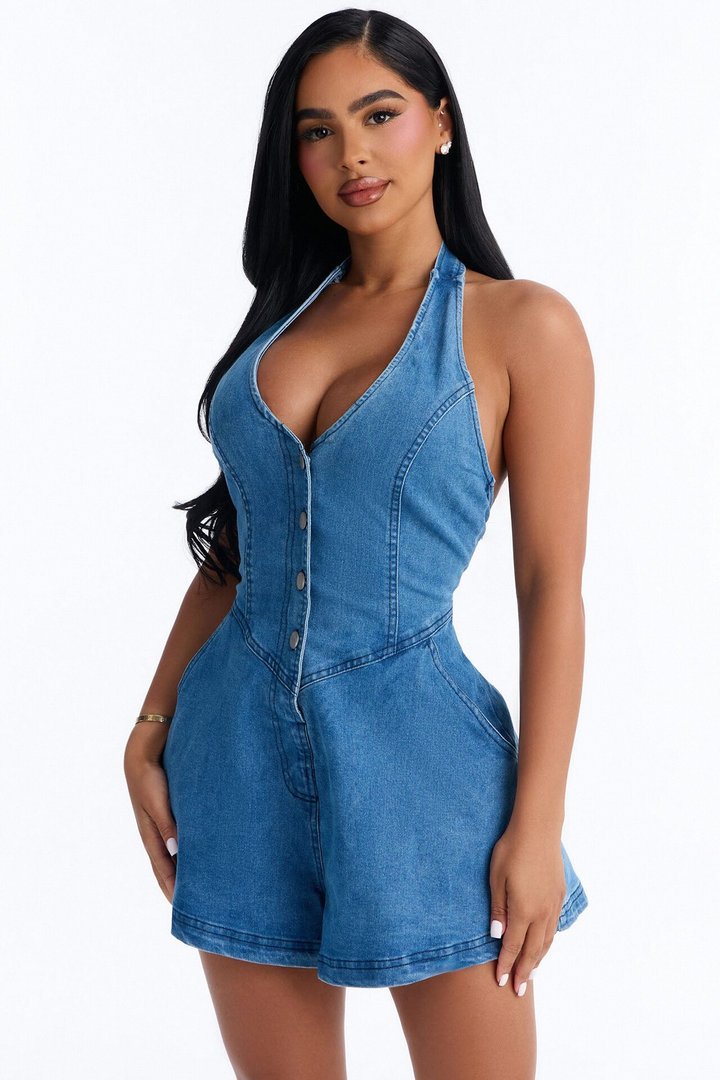 Miley Denim Halter Romper - Medium Wash