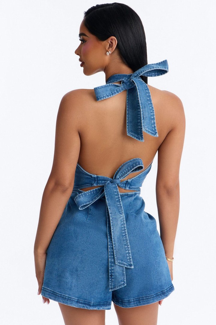 Miley Denim Halter Romper - Medium Wash