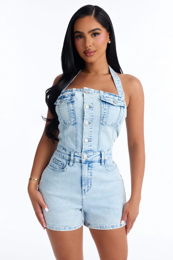 Yara Denim Halter Romper - Light Wash
