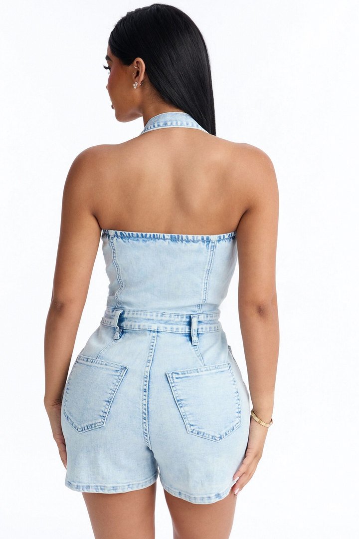 Yara Denim Halter Romper - Light Wash