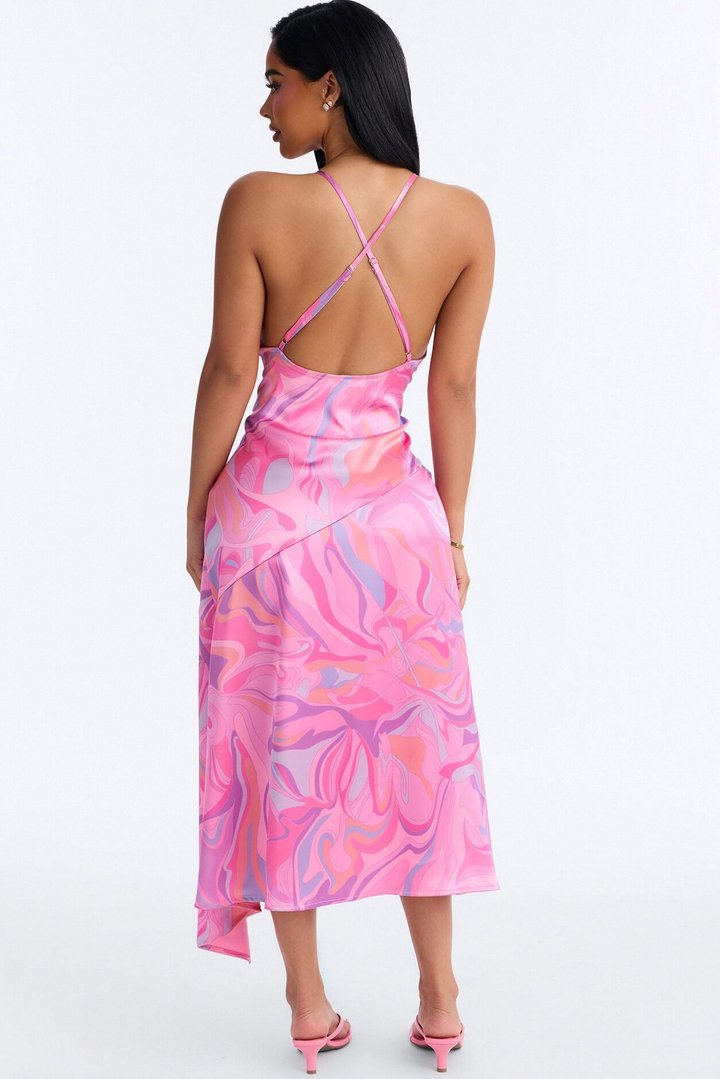 Brylee Asymmetrical Satin Midi Dress - Pink/combo
