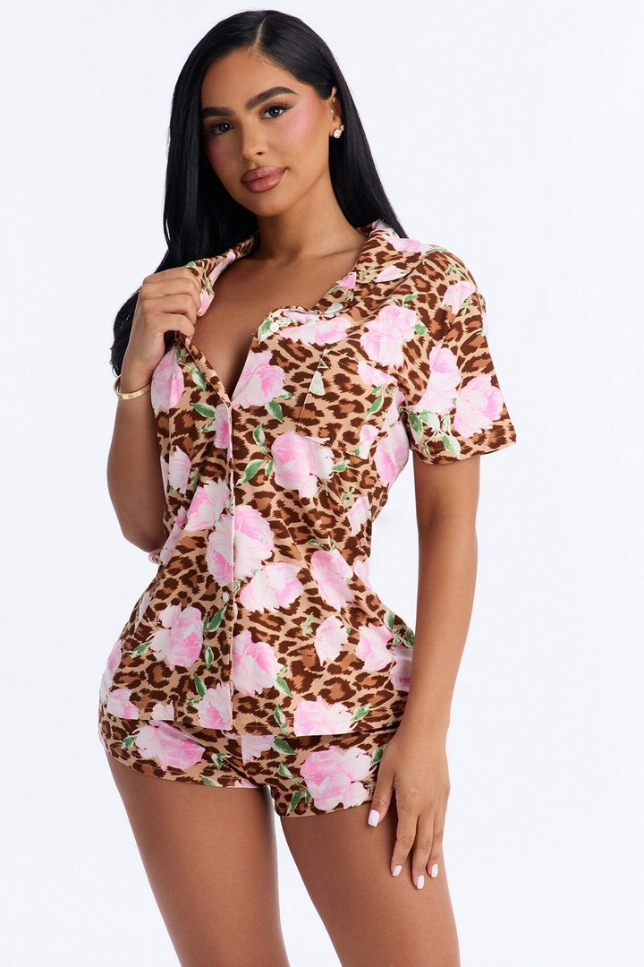 Wild Roses PJ Short Set - Brown/combo