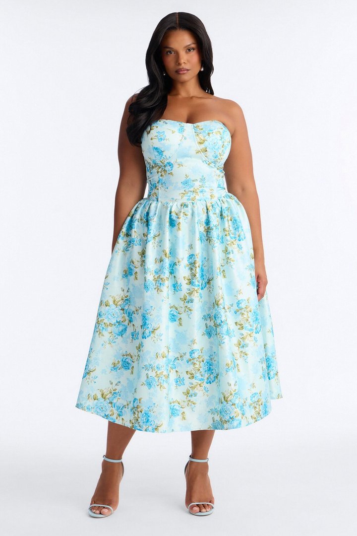 Sweet Delicate Floral Satin Midi Dress - Blue