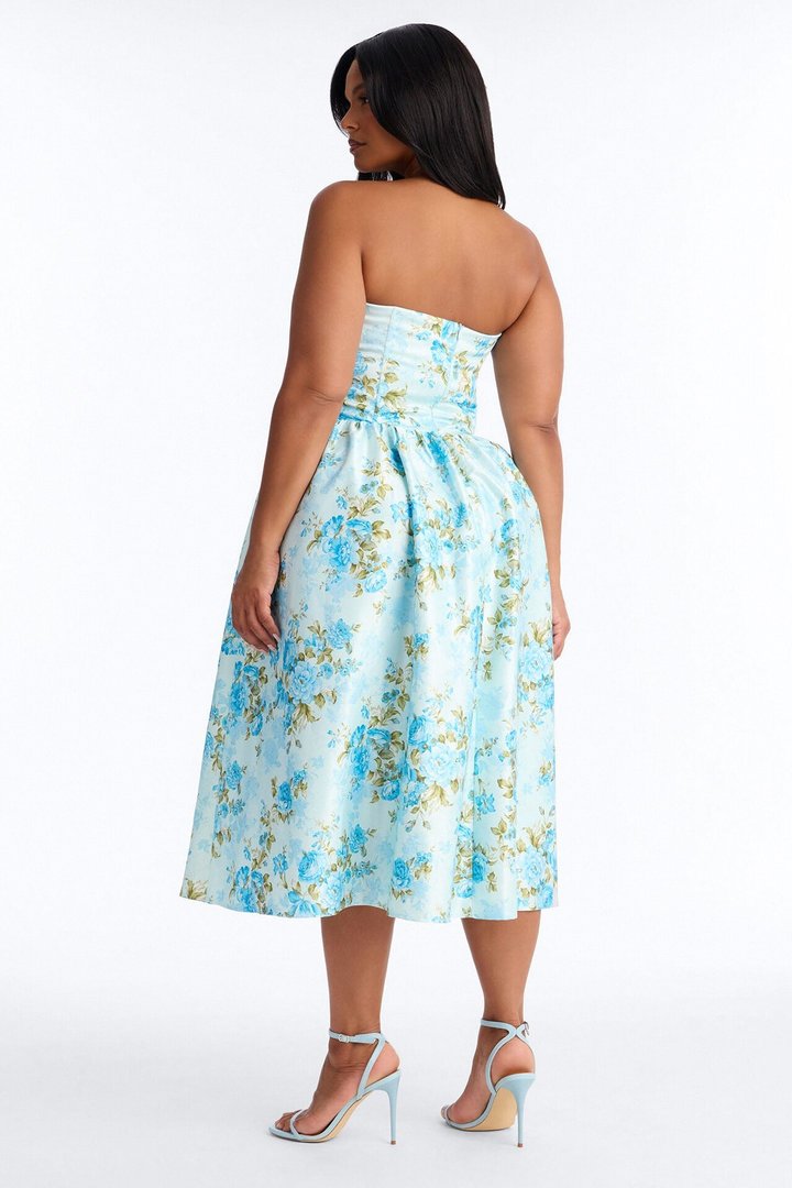 Sweet Delicate Floral Satin Midi Dress - Blue
