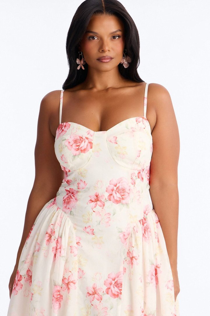 Ariana Floral Chiffon Midi Dress - White/Pink