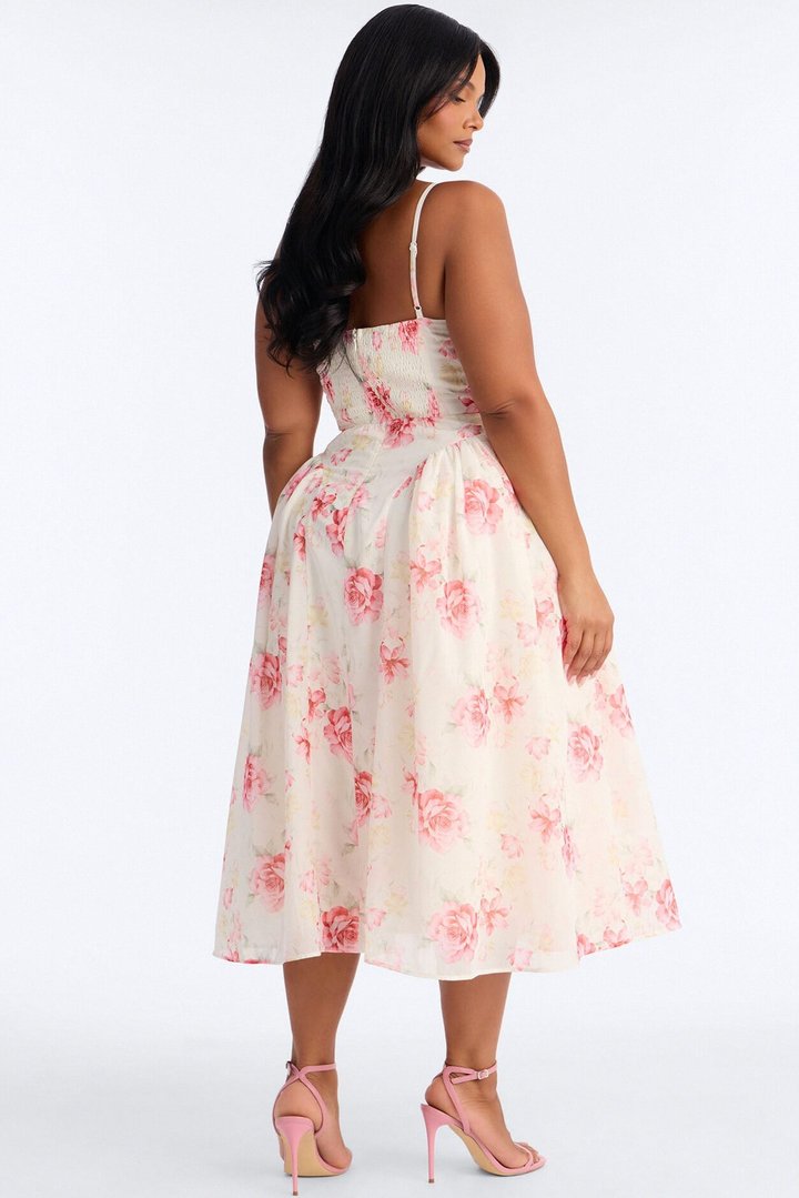 Ariana Floral Chiffon Midi Dress - White/Pink
