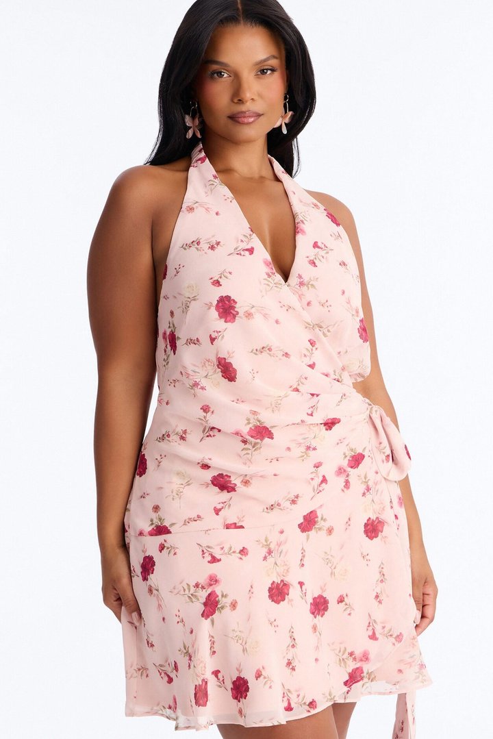 Ruby Floral Chiffon Wrap Mini Dress - Pink/combo