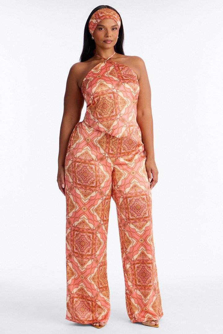 Nadia Satin 3 Piece Pant Set - Coral/combo