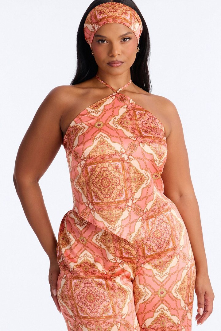 Nadia Satin 3 Piece Pant Set - Coral/combo