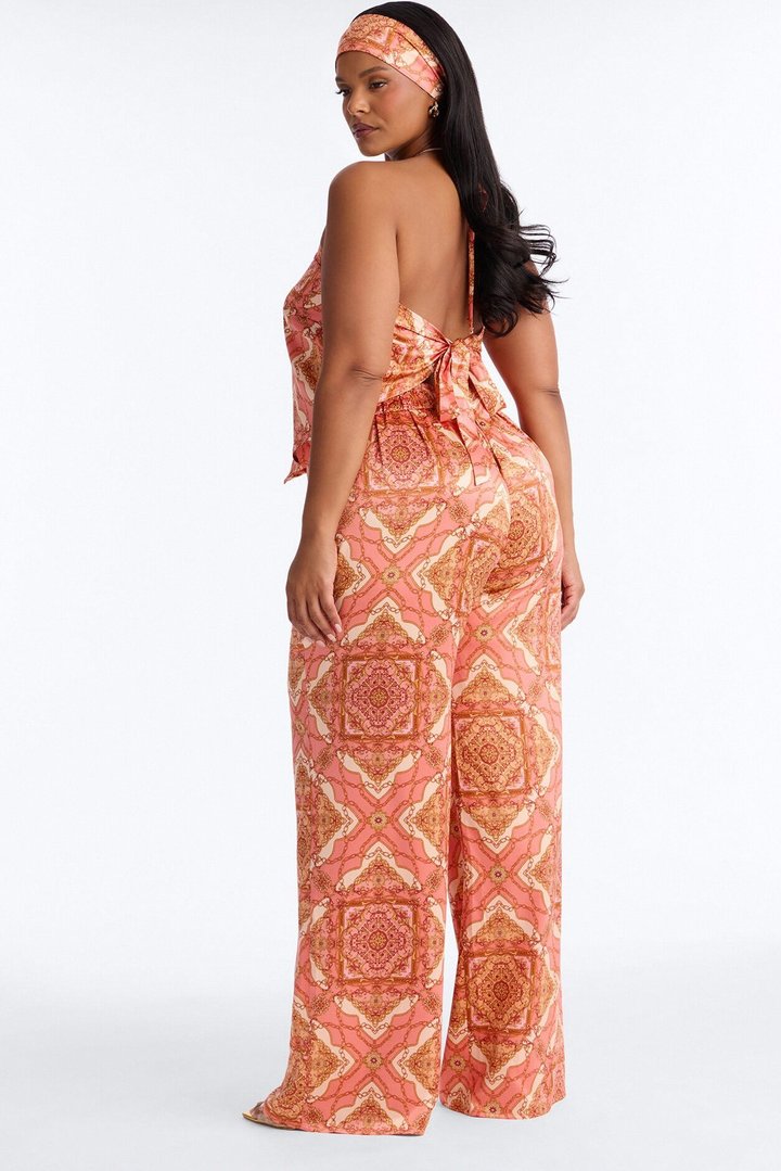 Nadia Satin 3 Piece Pant Set - Coral/combo