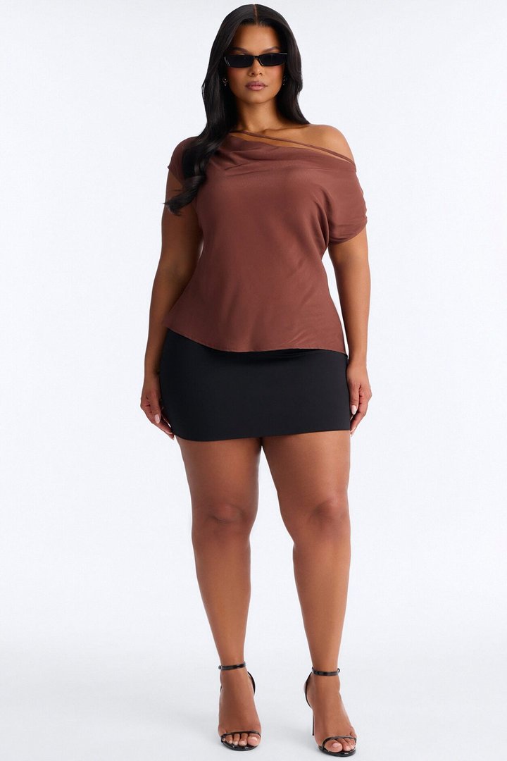 One More Drink One Shoulder Satin Blouse - Chocolate
