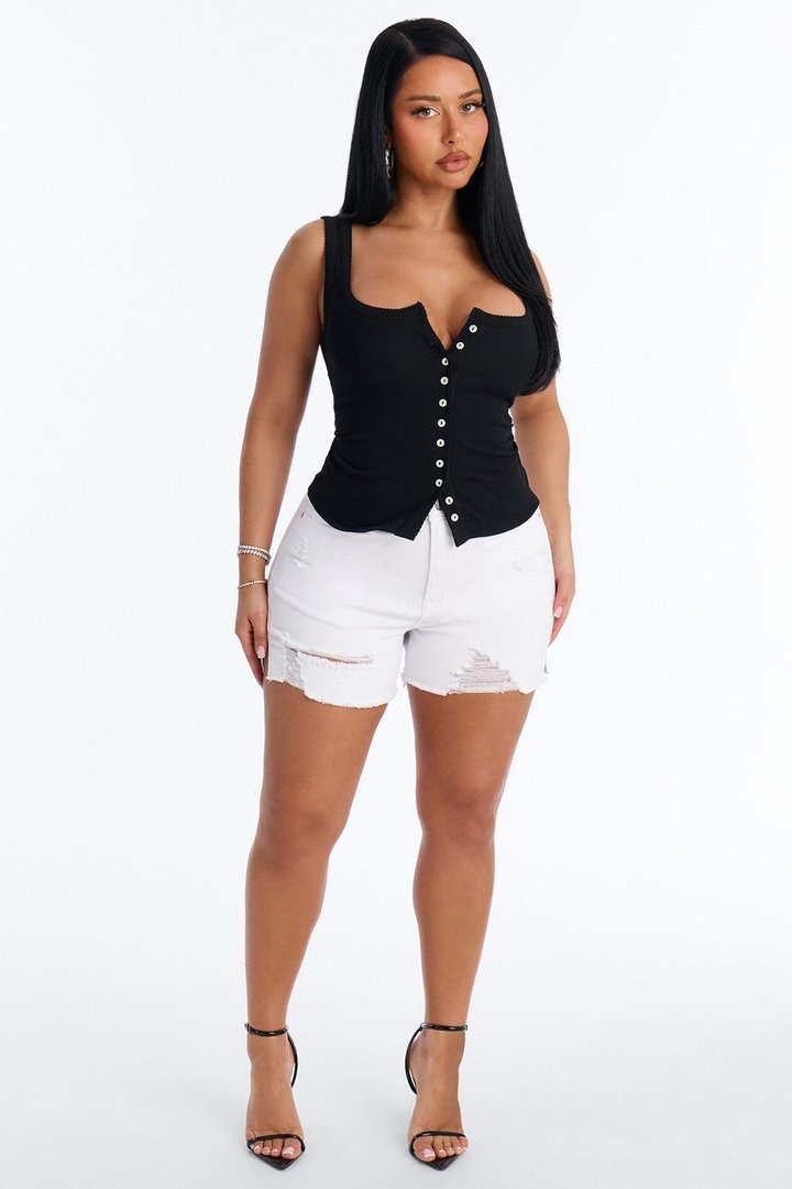Ocean Blvd Stretch Ripped Cut Off Denim Shorts - White