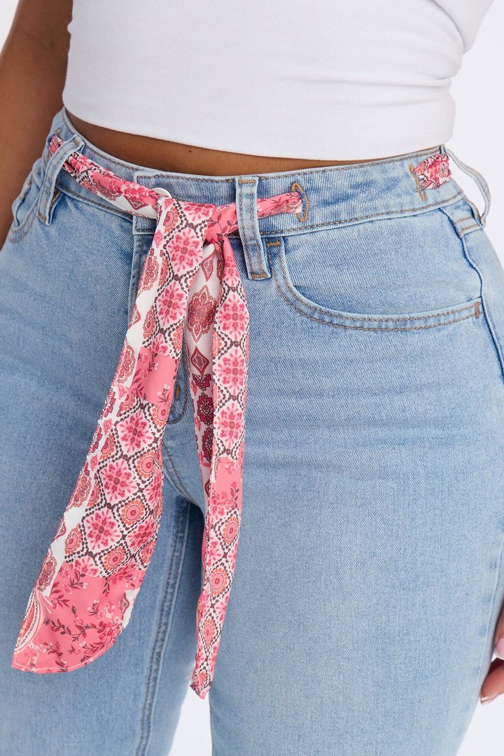 Amore Mio Belted Scarf Flare Jeans - Light Wash