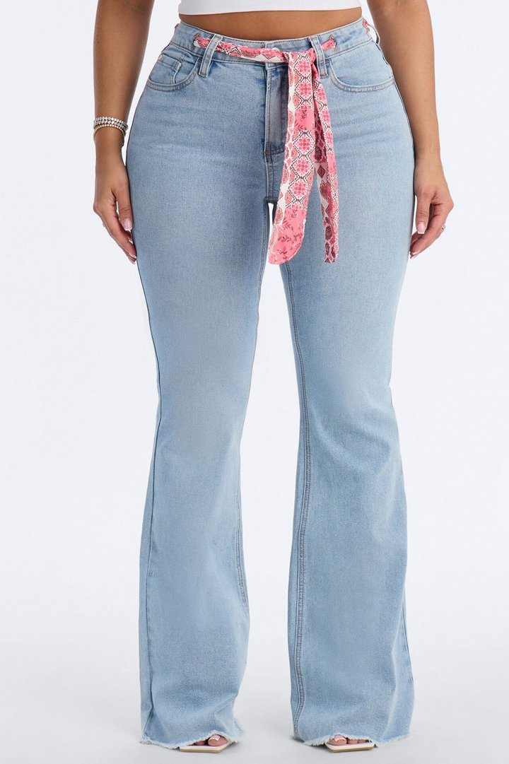 Amore Mio Belted Scarf Flare Jeans - Light Wash