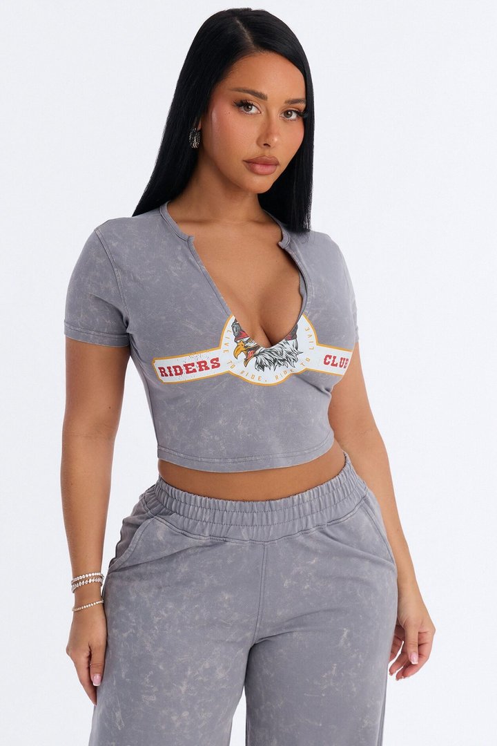 Riders Club V-Neck French Terry Jogger Set - Charcoal