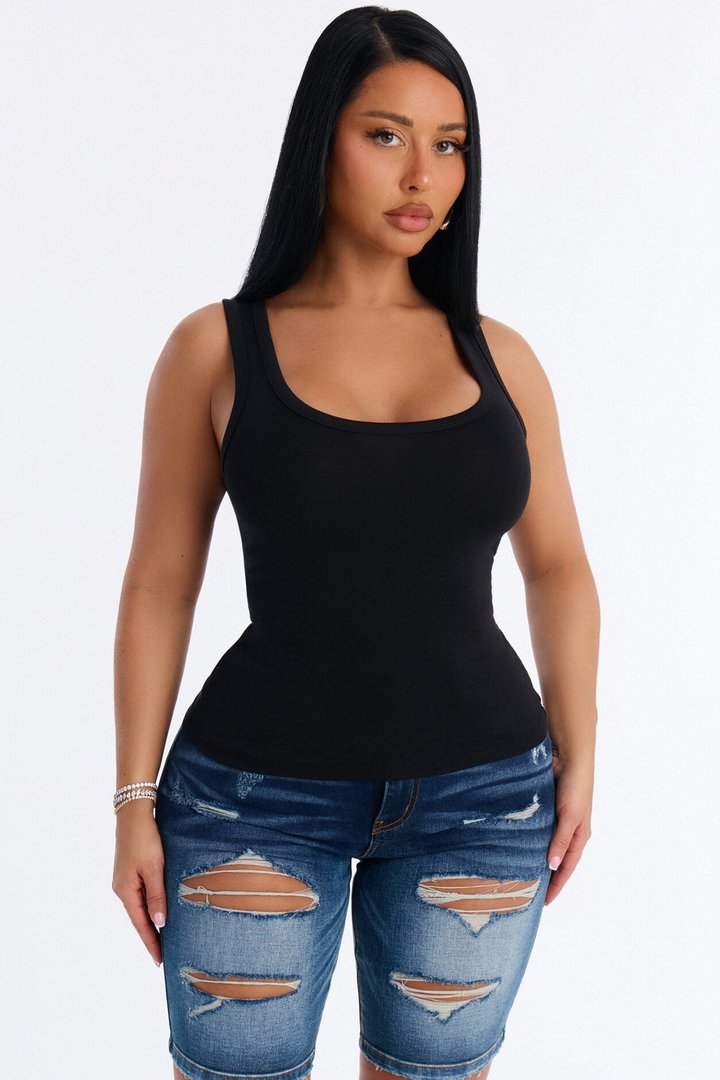 Everyday Cotton Blend Scoop Neck Tank Top - Black
