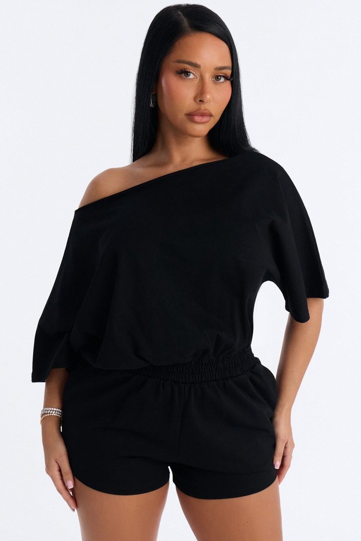 Sunday Dream Cotton Off Shoulder Romper - Black