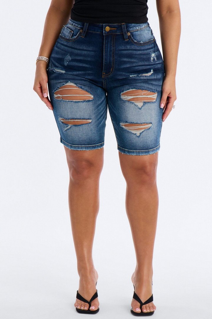 On The List Deluxe Ripped Stretch Bermuda Shorts - Dark Wash
