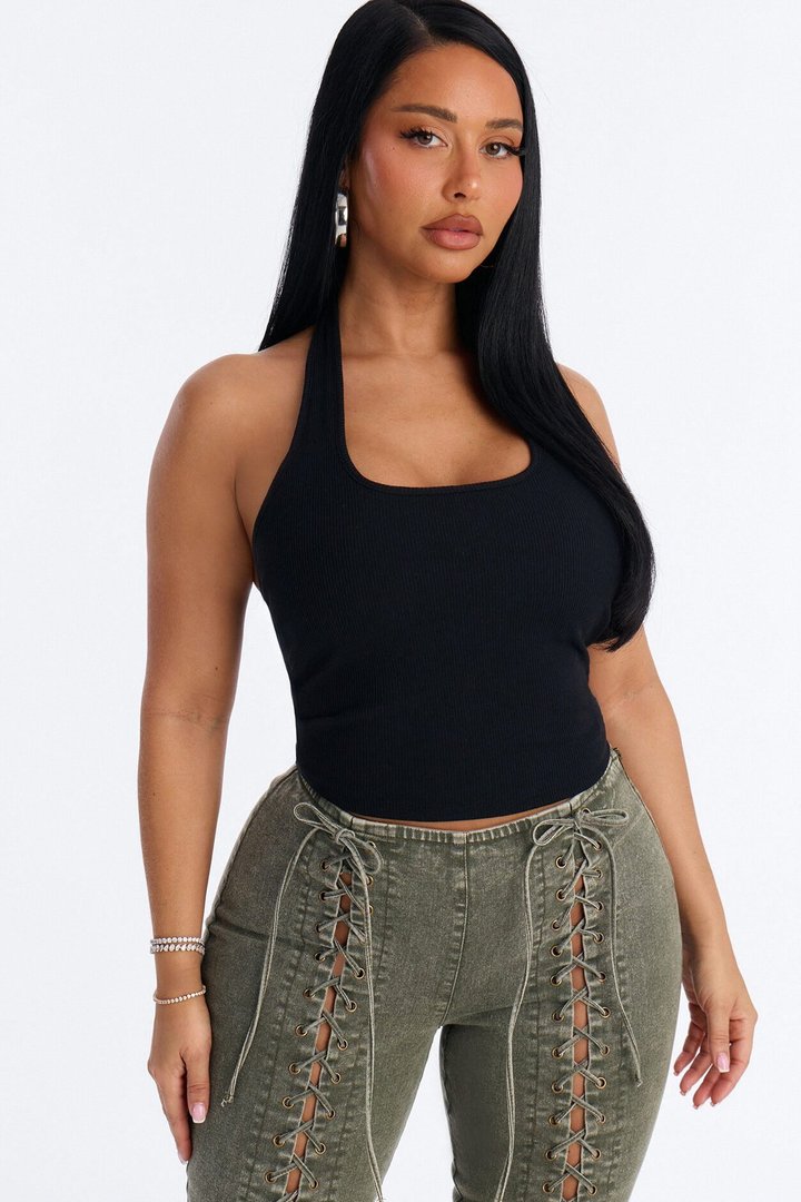 Becca Ribbed Built in Halter Top - Black