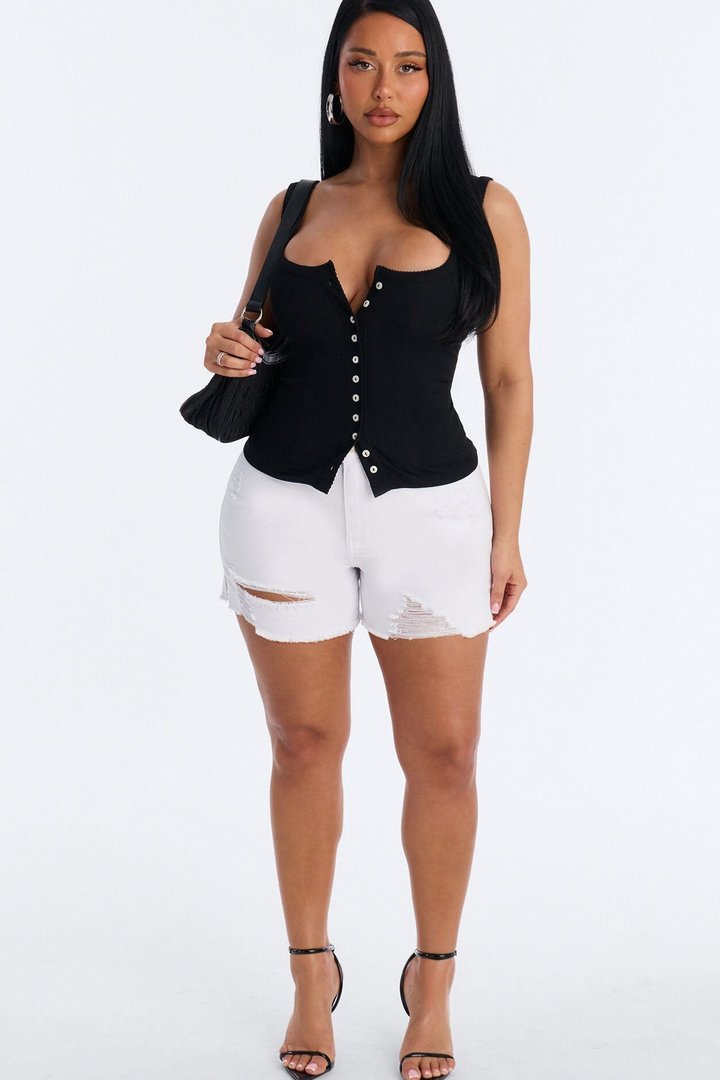 Pointelle Button Front Scoop Neck Tank Top - Black