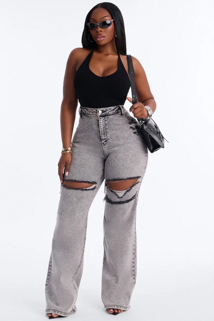 Tall Remi Ripped Stretch Baggy Jeans - Grey