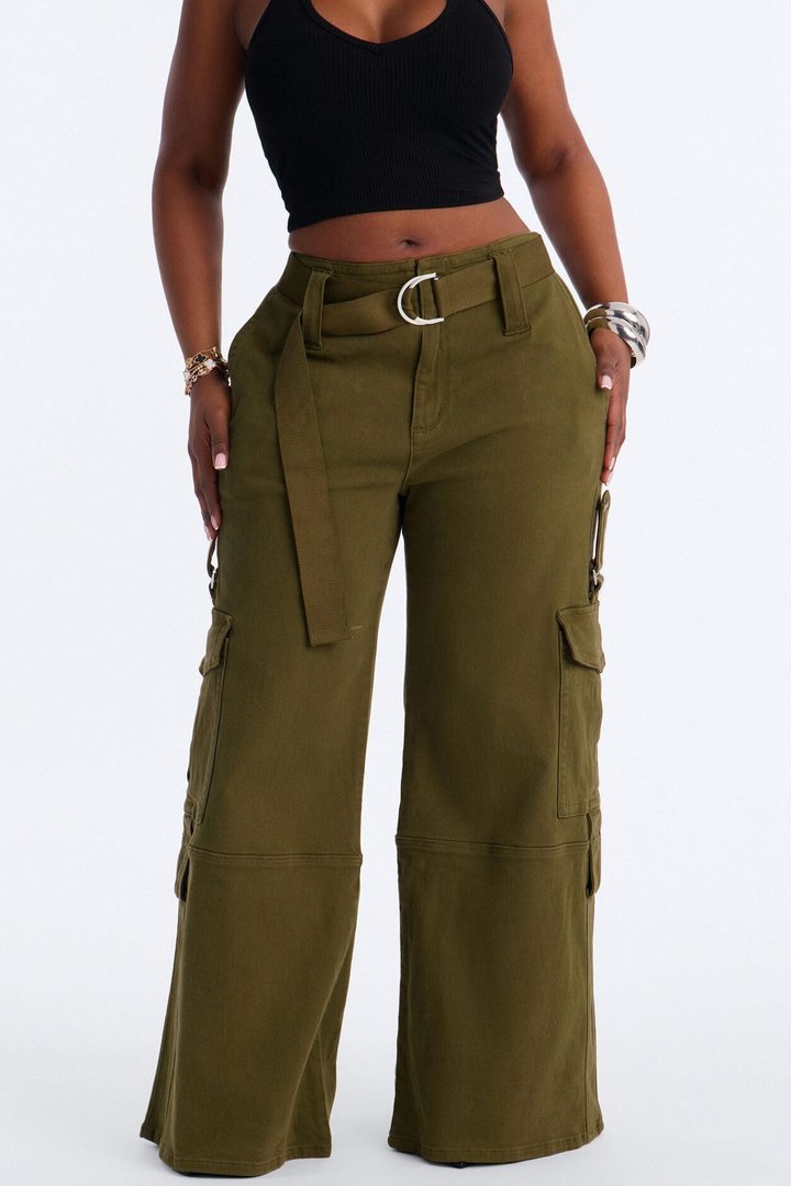 Natalia High Rise Cargo Belted Wide Leg Pant 33″ - Olive
