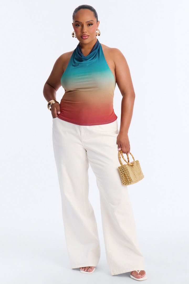 Sunkissed Ombre Mesh Cowl Neck Halter Top - Multi Color