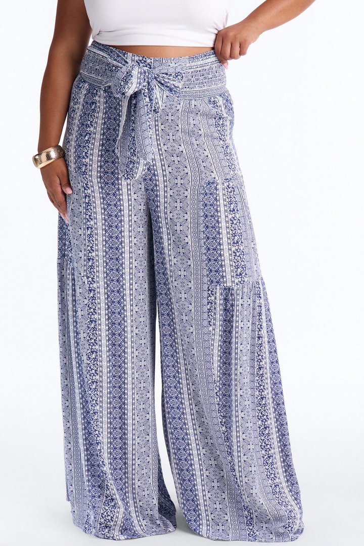 Adina Tie Waist High Rise Wide Leg Pant - Blue/combo