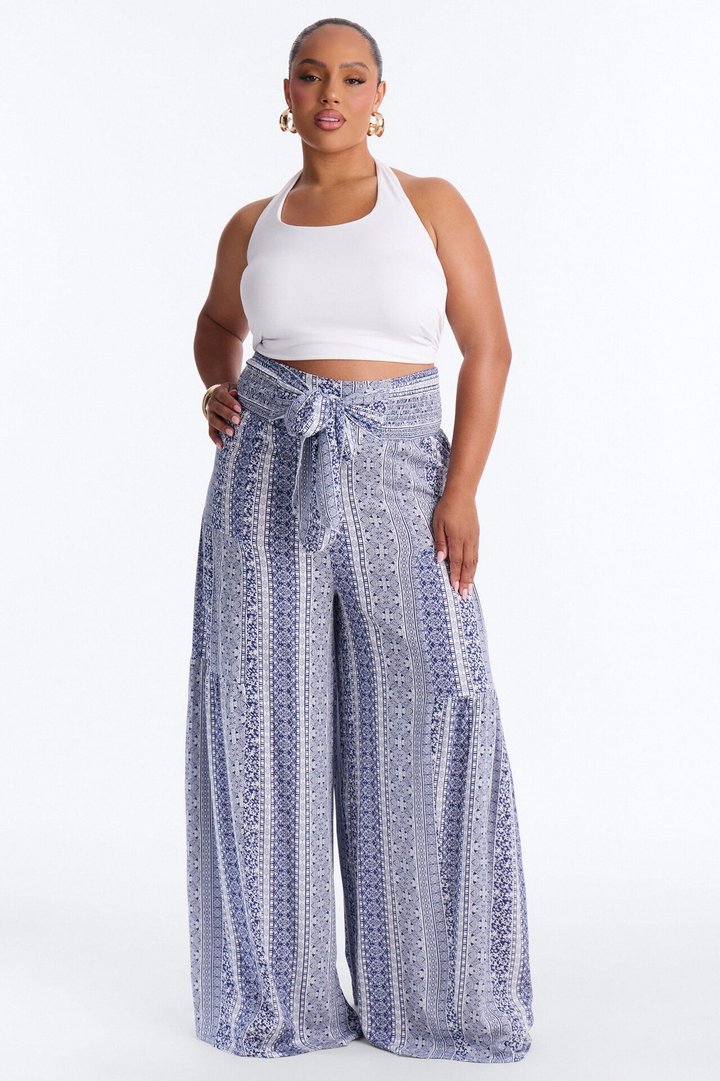 Adina Tie Waist High Rise Wide Leg Pant - Blue/combo