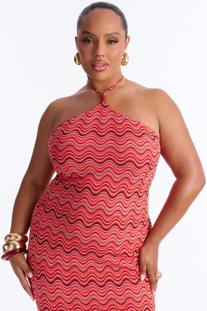 Naomi Chevron Crochet Midi Dress - Pink/combo