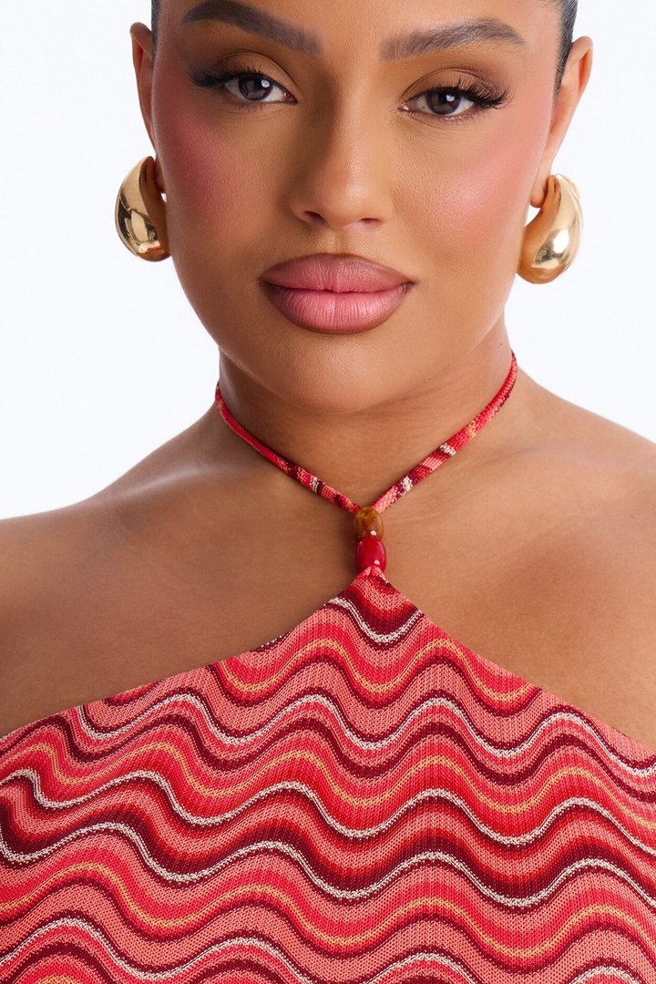 Naomi Chevron Crochet Midi Dress - Pink/combo