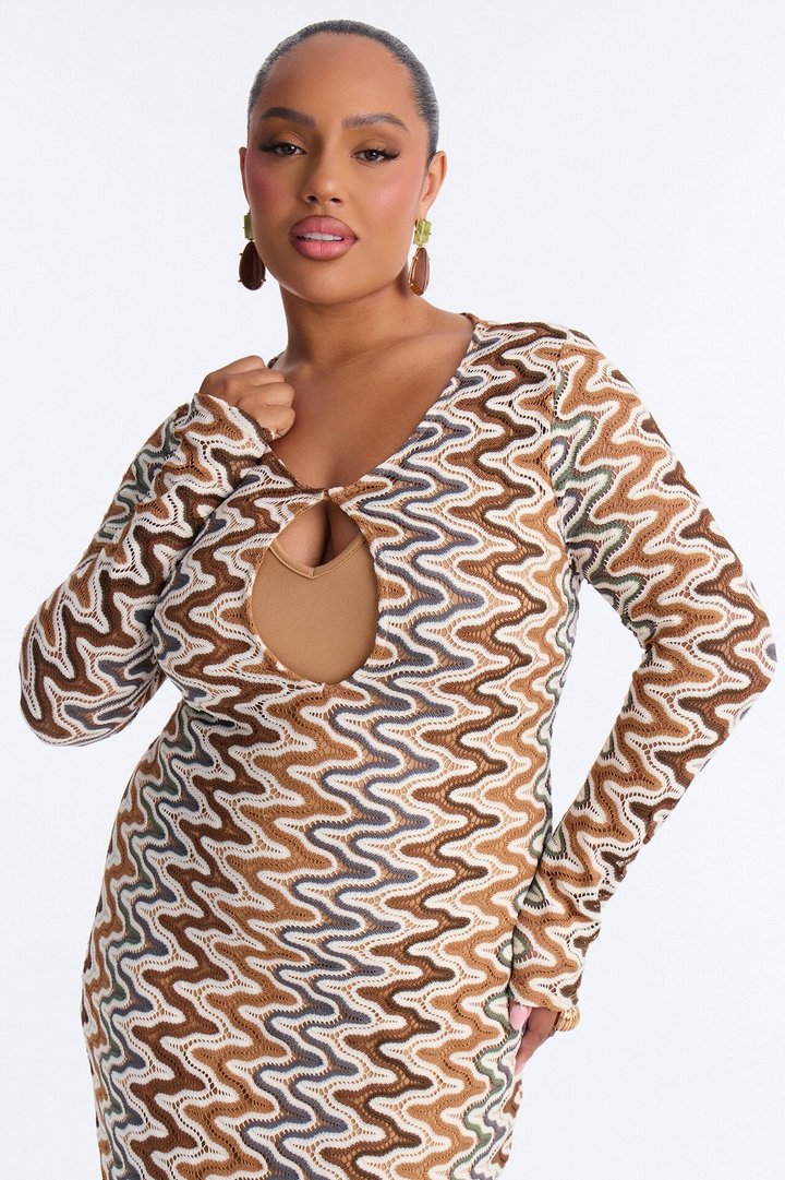 Golden Waves Crochet Midi Dress - Brown/combo