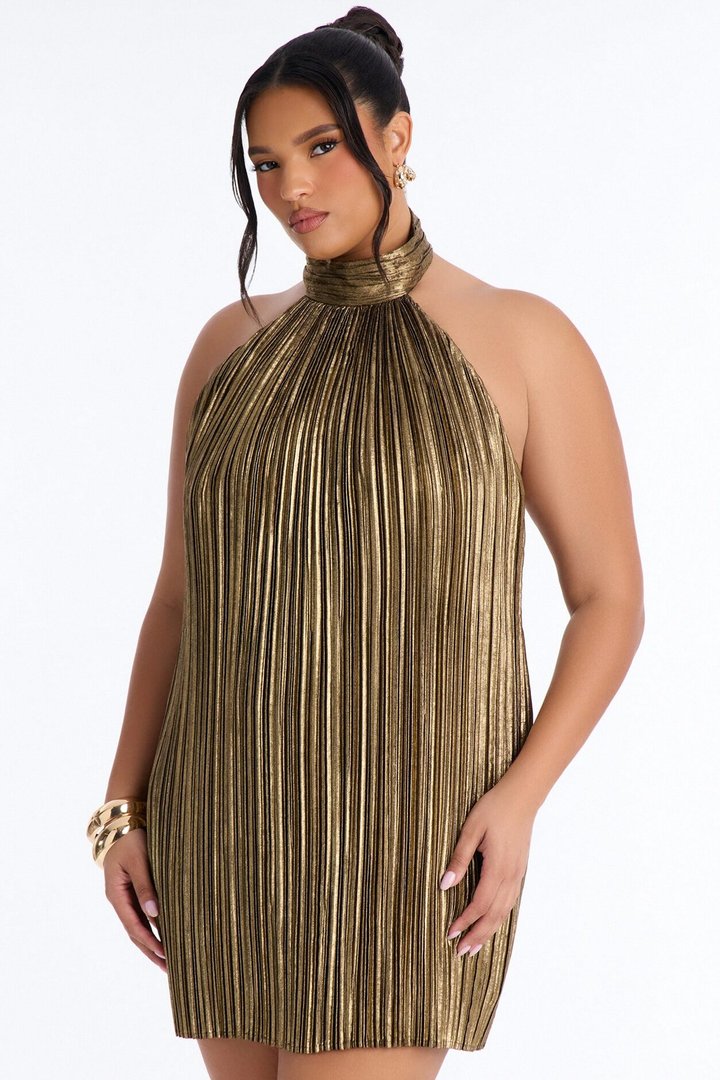 Pop Off Pleated Metallic Mini Dress - Bronze