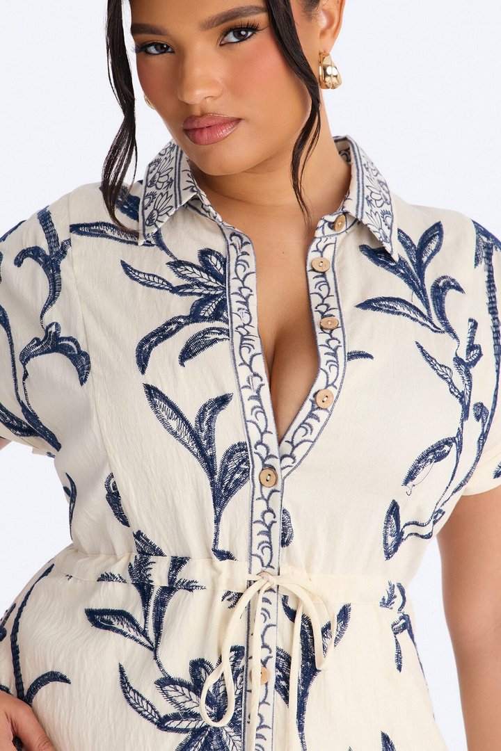 Maria Embroidered Midi Dress - White/Blue