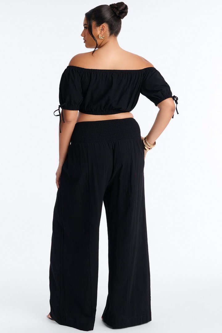 Chrissie Linen Smocked Pant Set - Black