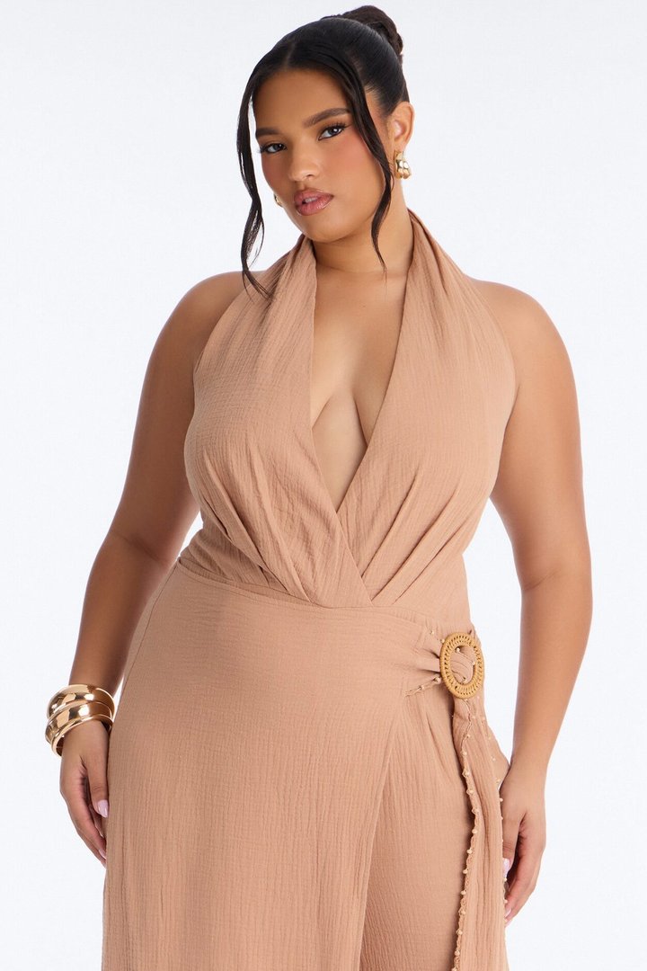 Drift With Me Halter Airflow Jumpsuit - Tan