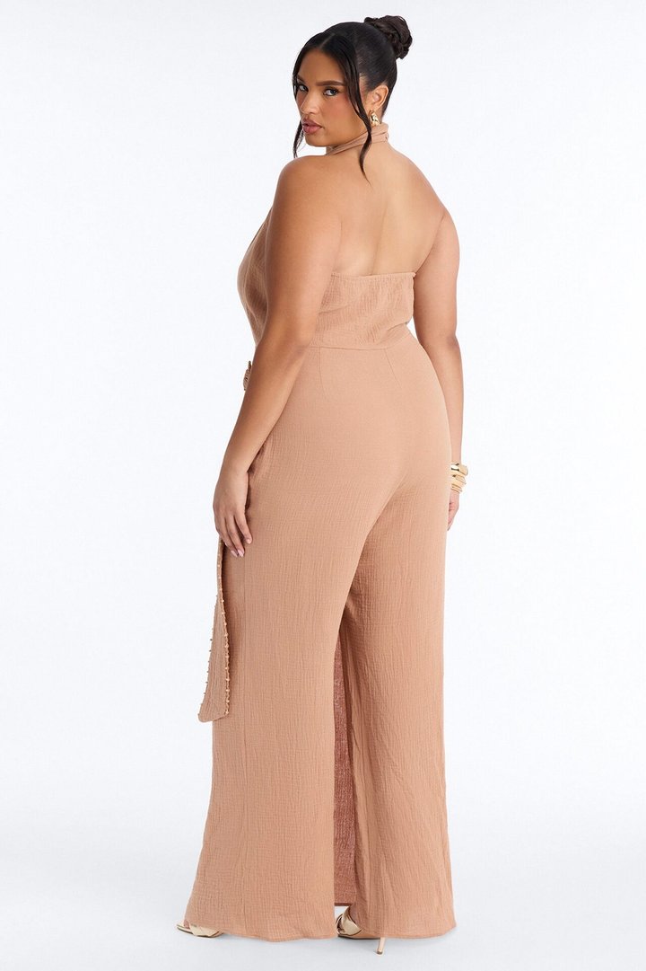 Drift With Me Halter Airflow Jumpsuit - Tan
