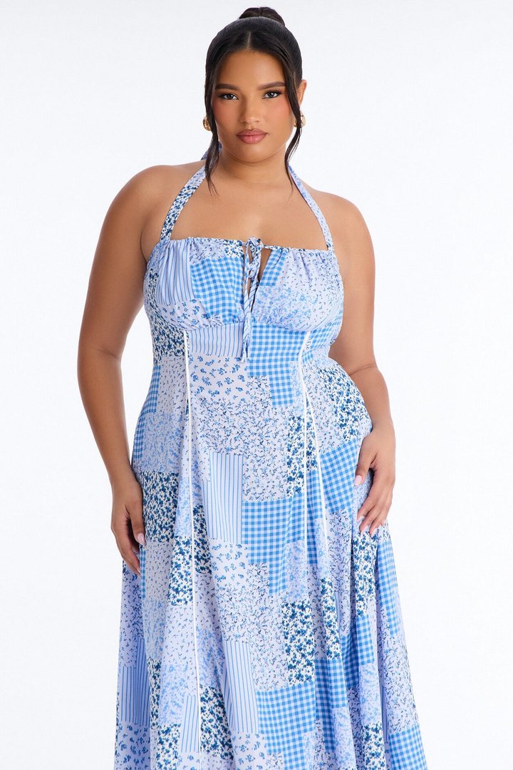 Henley Halter Patchwork Midi Dress - Blue
