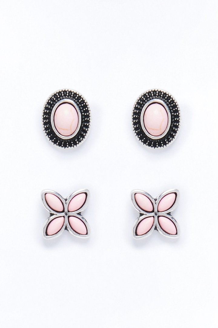 Jeweled Stone 2 Pair Earring Set - Silver/Combo